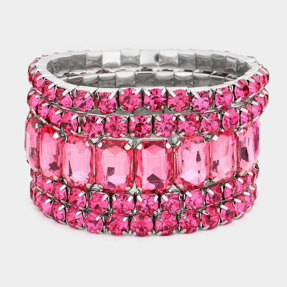 5PCS Pink Emerald Cut Round Stone Stretch Evening Bracelets - Picture 6 of 7